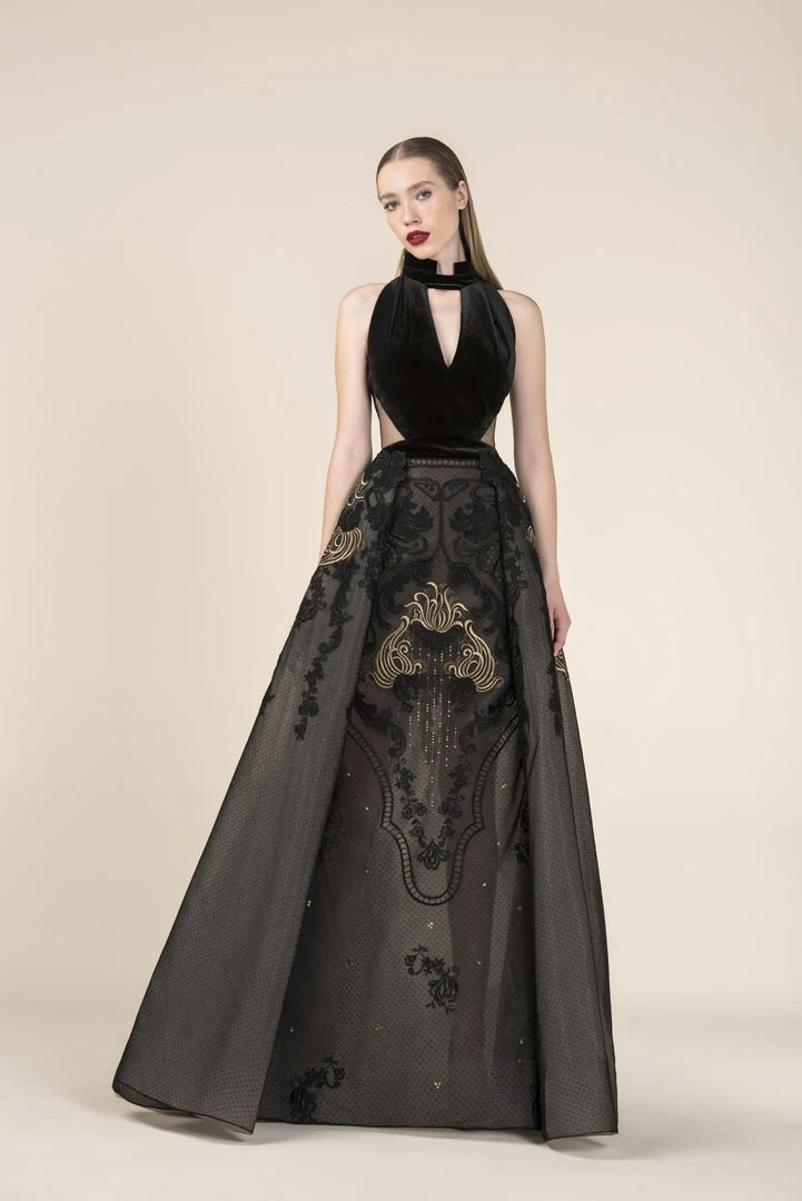 Saiid Kobeisy - RE3582 Velvet High Neck Embroidered A-line Dress 3 Saiid Kobeisy - RE3582 Velvet High Neck Embroidered A-line Dress