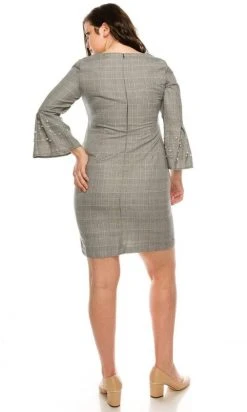 Sandra Darren - 71934 Pearl-Studded Bell Sleeves Plaid Dress