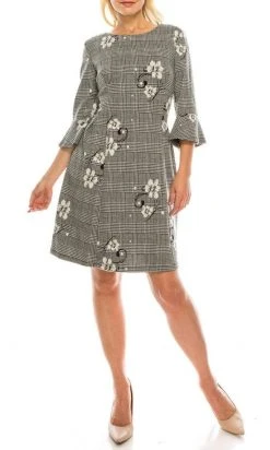 Sandra Darren - 73261 Bell Sleeve Floral Plaid A-Line Dress