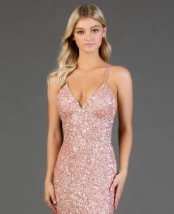 SCALA - 48782 Fitted String Strapped Sequin Cocktail Dress - 1 Pc Pebble In Size 2 Available