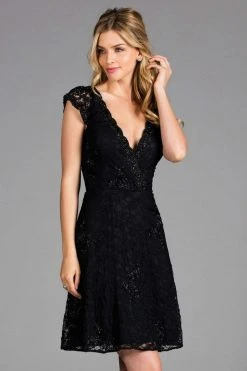 Scala - 48875 Beaded Lace V-neck A-line Dress Cocktail Dresses 8 Scala - 48875 Beaded Lace V-neck A-line Dress Cocktail Dresses