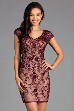 Scala - 48908 Bead Fringed Cap Sleeve Ornate Sheath Dress