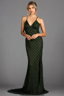 Scala - 48923 Spaghetti Straps V Neck Low Back Sheath Evening Dress