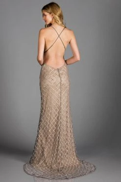 Scala - 48923 Spaghetti Straps V Neck Low Back Sheath Evening Dress