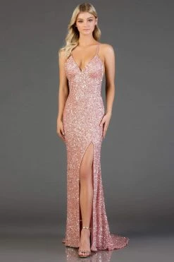 SCALA - Allover Sequin Backless Sheath Evening Gown With Slit 48938 - 1 Pc New Rose In Size 4 Available 8 SCALA - Allover Sequin Backless Sheath Evening Gown With Slit 48938 - 1 Pc New Rose In Size 4 Available