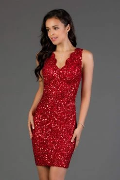 Cocktail Dresses Scala - Scalloped Lace Up Sequined Dress 60040 - 2 Pcs Red In Size 4 Available