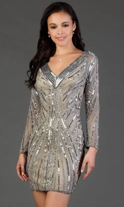 SCALA - Sequined Long Sleeve V-neck Sheath Dress 60056 - 1 Pc Lead/Sil In Size 12 Available Cocktail Dresses