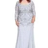 Shail K - Bedazzled Long Sleeve V-neck Trumpet Dress 12162W - 1 Pc Navy In Size 18W Available Formal Gowns