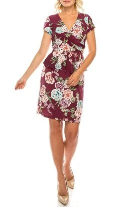 Shelby & Palmer - 4215 Textured Floral Printed Surplice Peplum Dress