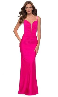 La Femme - Open Back Ruched Long Dress 29966 - 2 Pc In Neon Pink Available