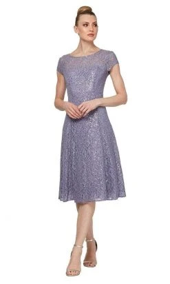 SLNY - 9119129 Embroidered Scoop Neck Tea Length Dress - 1 Pc Mystic Heather In Size 12 Available