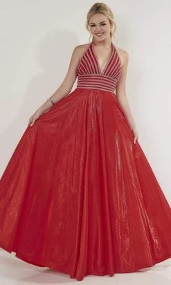 Studio 17 - 12733 V Neck Halter Rhinestone Beaded Shimmer Taffeta Gown