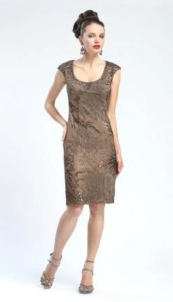 Homecoming Dresses Sue Wong Cap Sleeve Sequined Cocktail Dress In Taupe N4405 -1 Pc Taupe In Size 4 Available