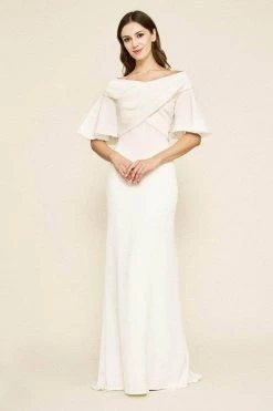 Formal Gowns Tadashi Shoji - ALG19141LBR Short Bell Sleeve Off-shoulder Long Gown - 1 Pc Ivory In Size 12 Available