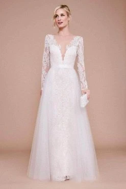 Formal Gowns Tadashi Shoji - BLB19630LBR Sheer Plunging V-neck Wedding Gown - 1 Pc Ivory/Petal In Size 6 Available
