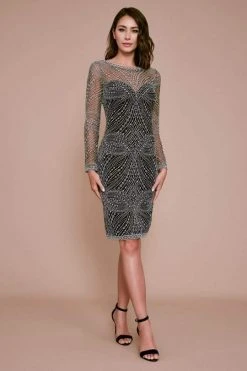 Cocktail Dresses Tadashi Shoji - BLS19873MX Nolana Long-Sleeve Embroidered Tulle Dress - 1 Pc Silver/Black In Size 16 Available