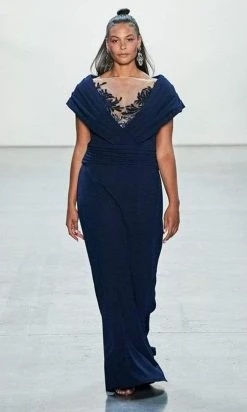 Tadashi Shoji - BOS20449L Illusion Neck Wrap Collar Long Sheath Dress - 3 Pc Navy In Size 4 And 6 Available Formal Gowns