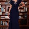 Tadashi Shoji - BOS20449L Illusion Neck Wrap Collar Long Sheath Dress - 3 Pc Navy In Size 4 And 6 Available Formal Gowns