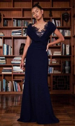 Tadashi Shoji - BOS20449L Illusion Neck Wrap Collar Long Sheath Dress - 3 Pc Navy In Size 4 And 6 Available Formal Gowns