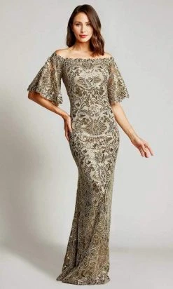 Formal Gowns Tadashi Shoji - Butterfly Sleeves Paillette Sequin Sheath Dress ATV17375L - 1 Pc Pumice In Size 6 Available