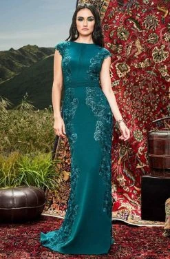 Formal Gowns Tadashi Shoji - Cap Sleeve Embroidery-Accented Long Dress BRX20625L - 1 Pc Malachite In Size 6 Available