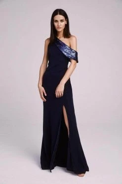 Formal Gowns Tadashi Shoji - Draped Shoulder Evening Gown ALG19719L - 1 Pc Royal Navy In Size 10 Available