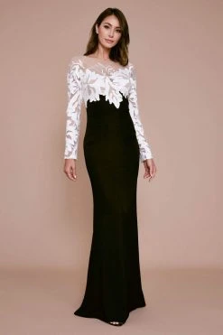 Tadashi Shoji - Embroidered Long Sleeve Sheath Evening Gown - 1 Pc Black/Nude In Size 4 And 1 Pc Ivory/Black In Size 8 Available