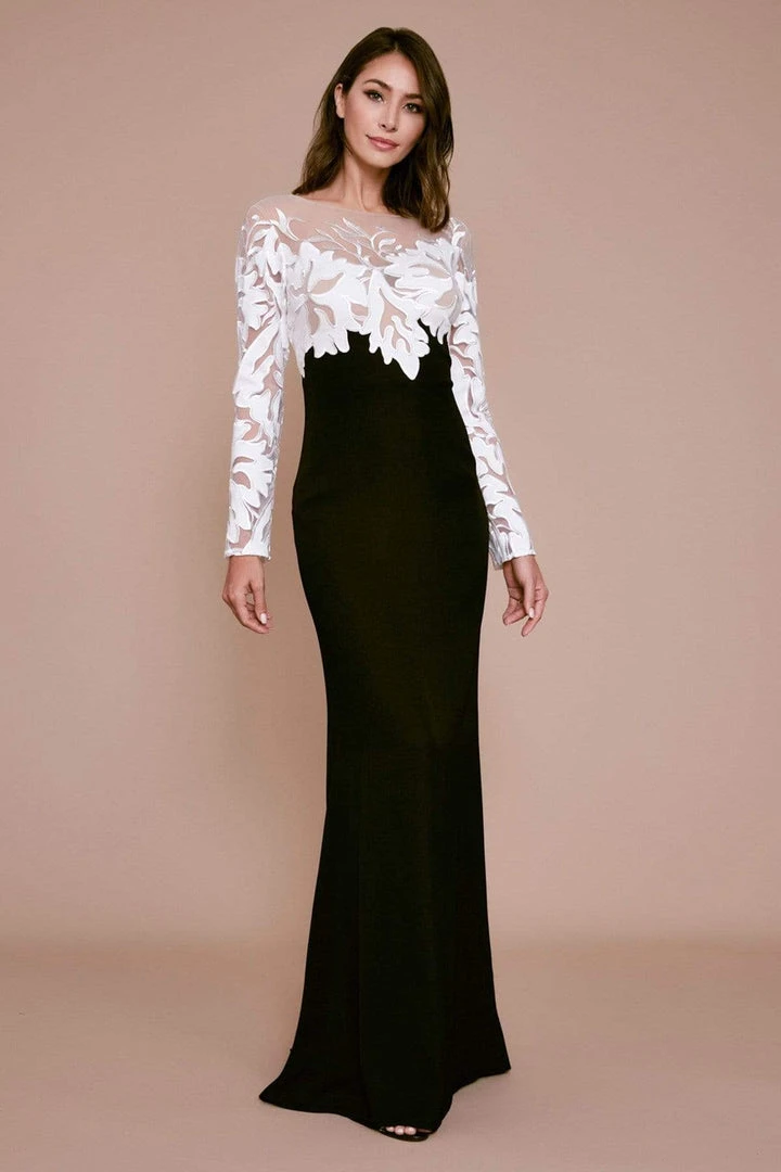 Tadashi Shoji - Embroidered Long Sleeve Sheath Evening Gown - 1 Pc Black/Nude In Size 4 And 1 Pc Ivory/Black In Size 8 Available 4 Tadashi Shoji - Embroidered Long Sleeve Sheath Evening Gown - 1 Pc Black/Nude In Size 4 And 1 Pc Ivory/Black In Size 8 Available