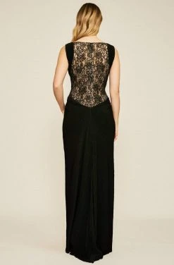 Tadashi Shoji - Lace Applique Plunging V-neck Sheath Dress - 1 Pc Black/Nude In Size 18 Available