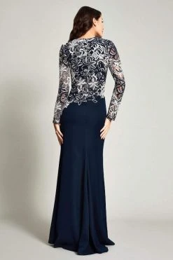 Tadashi Shoji - Long Sleeve Embroidered Sheath Dress BOQ16206LXY - 2 Pcs Navy/White In Size 10 And 18 Available
