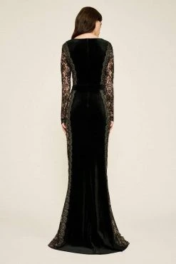 Tadashi Shoji - Molin Lace Long Sleeve Velvet A-line Evening Dress - 1 Pc Black/Nude In Size 00 Available Formal Gowns