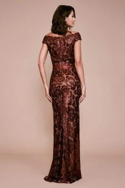 Formal Gowns Tadashi Shoji - Scalloped Off Shoulder Long Sequined Sheath Gown - 1 Pc Raisin/Nude In Size 16 Available
