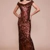 Formal Gowns Tadashi Shoji - Scalloped Off Shoulder Long Sequined Sheath Gown - 1 Pc Raisin/Nude In Size 16 Available 1 Formal Gowns Tadashi Shoji - Scalloped Off Shoulder Long Sequined Sheath Gown - 1 Pc Raisin/Nude In Size 16 Available