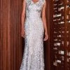 Formal Gowns Tadashi Shoji - Sleeveless Pleated Lace Evening Gown BPP1345LX - 1 Pc Silver In Size 16 Available