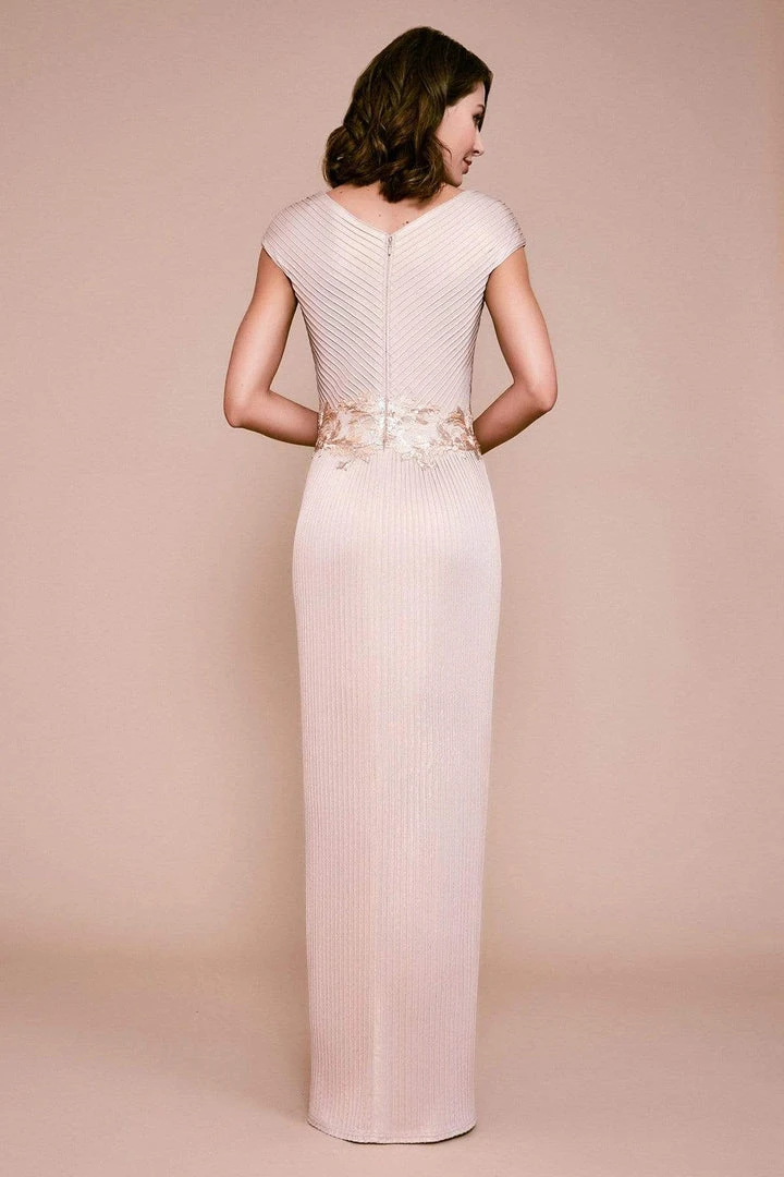 Formal Gowns Tadashi Shoji - VG19292L V-Neckline Metallic Pintuck Sheath Gown - 1 Pc Champagne In Size 6 Available 4 Formal Gowns Tadashi Shoji - VG19292L V-Neckline Metallic Pintuck Sheath Gown - 1 Pc Champagne In Size 6 Available