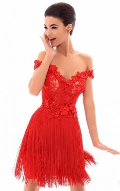 Tarik Ediz - 50256 Beaded Floral Off Shoulder Fringe Dress Cocktail Dresses