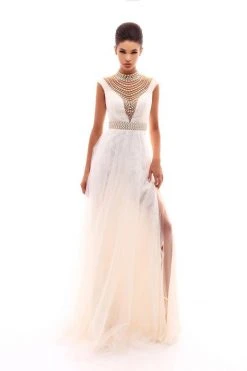 Formal Gowns Tarik Ediz - 50285 Sheer Neckline Pearl Embellished Tulle Gown