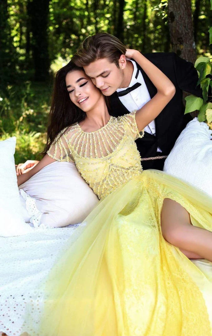 Tarik Ediz - 50317 Beaded Lace Sheer Slit Evening Gown Formal Gowns 9 Tarik Ediz - 50317 Beaded Lace Sheer Slit Evening Gown Formal Gowns