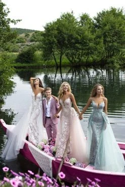 Formal Gowns Tarik Ediz - 50405 Plunging V Neck Lace Gown With Overskirt