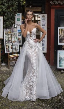 Formal Gowns Tarik Ediz - 50405 Plunging V Neck Lace Gown With Overskirt