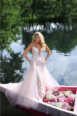 Formal Gowns Tarik Ediz - 50405 Plunging V Neck Lace Gown With Overskirt