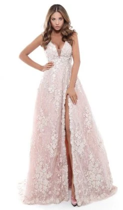 Formal Gowns Tarik Ediz - 50418 Floral Lace Deep V-neck A-line Dress