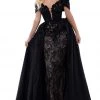 Tarik Ediz - 50429 Plunging Off-Shoulder Lace Sheath Dress With Train 1 Tarik Ediz - 50429 Plunging Off-Shoulder Lace Sheath Dress With Train