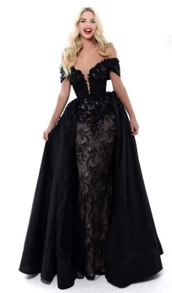 Tarik Ediz - 50429 Plunging Off-Shoulder Lace Sheath Dress With Train