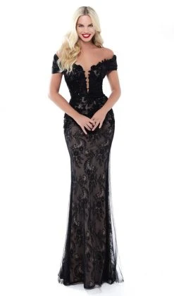 Tarik Ediz - 50429 Plunging Off-Shoulder Lace Sheath Dress With Train