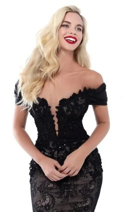 Tarik Ediz - 50429 Plunging Off-Shoulder Lace Sheath Dress With Train