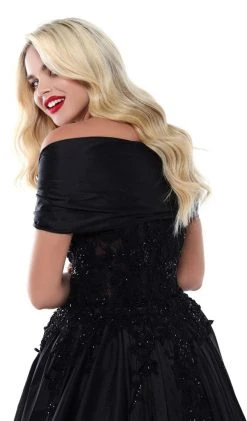 Tarik Ediz - 50429 Plunging Off-Shoulder Lace Sheath Dress With Train