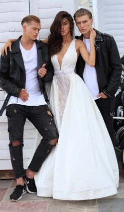 Tarik Ediz - 50431 Embroidered Deep V-neck Dress With Overskirt