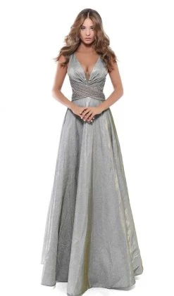 Tarik Ediz - 50436 Embellished Deep V-neck A-line Dress Formal Gowns