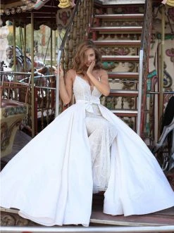 Tarik Ediz - 50452 Bedazzled Deep V-neck Dress With Overskirt